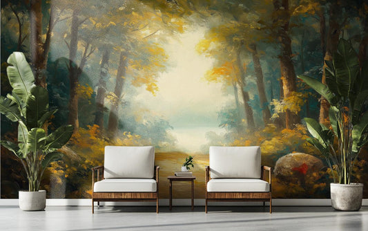Autumn Forest Path Scenic Coastal Wallpaper – lifestyle view, Golden Era Walls