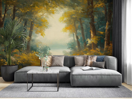 Autumn Forest Path Scenic Coastal Wallpaper – room setting, Golden Era Walls