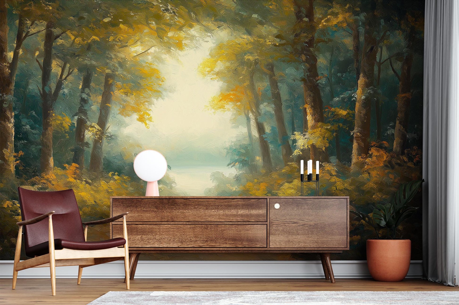 Autumn Forest Path Scenic Coastal Wallpaper – scale reference, Golden Era Walls