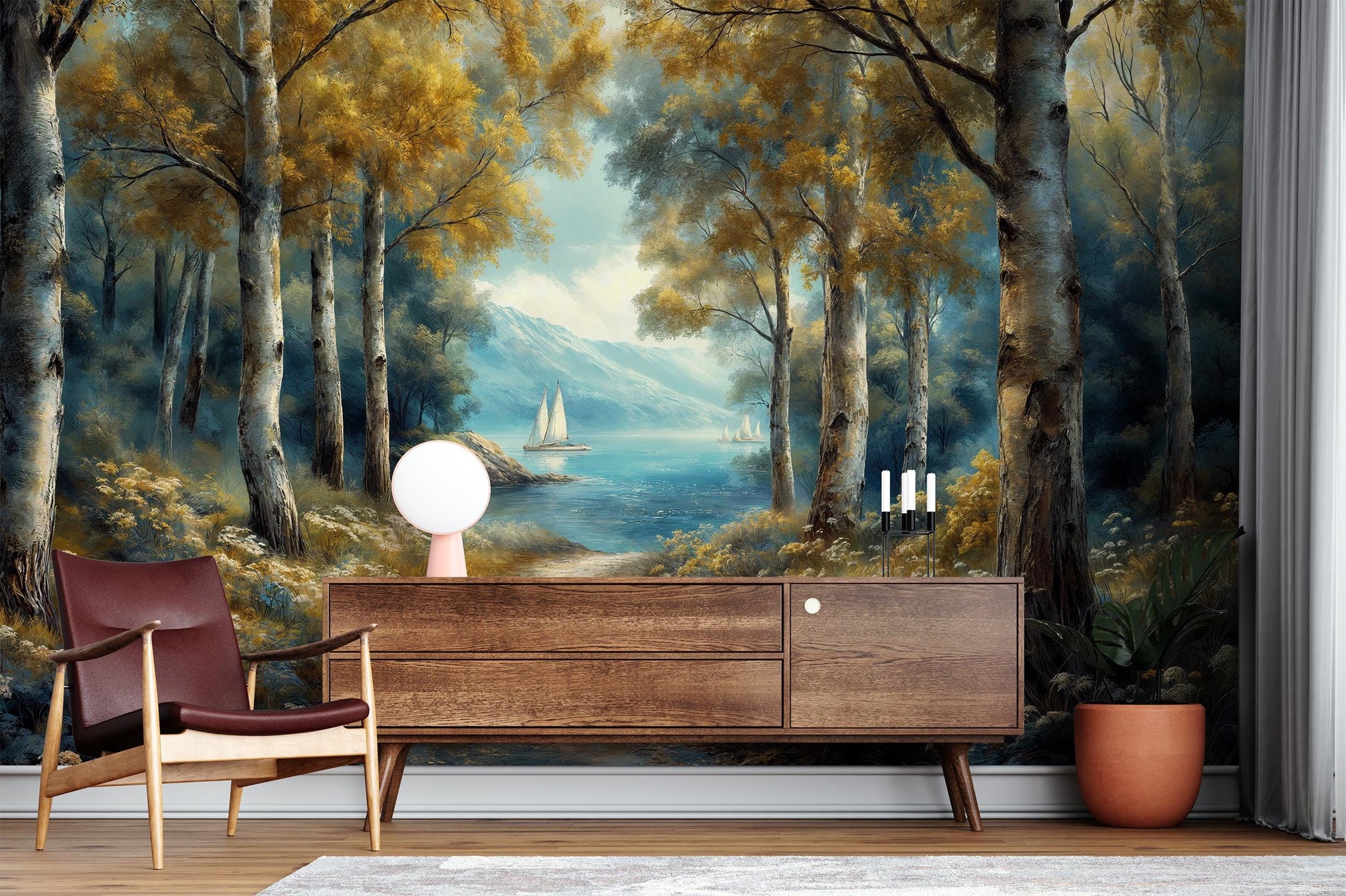 Watercolor Lakeside Forest Tranquil Coastal Wallpaper – room setting, Golden Era Walls