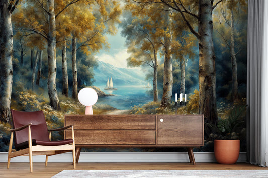 Watercolor Lakeside Forest Tranquil Coastal Wallpaper – room setting, Golden Era Walls