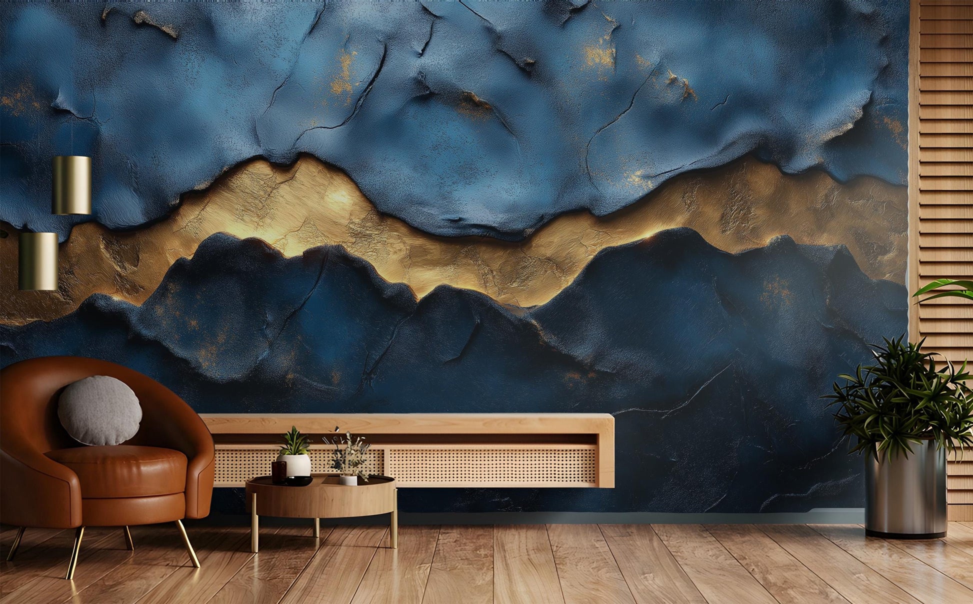 Blue Gold Abstract Textured Geometric Wallpaper – room setting, Golden Era Walls