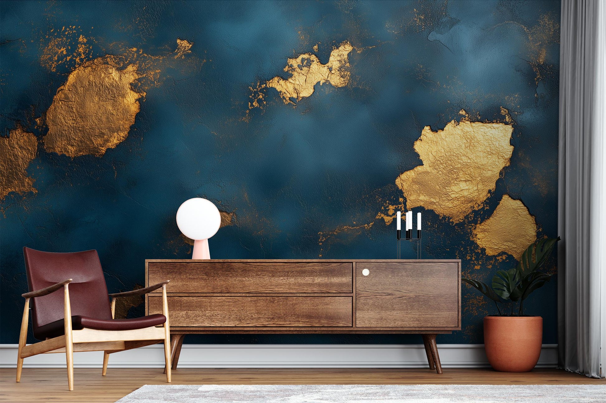 Gold Navy Abstract Elegant Geometric Wallpaper – room setting, Golden Era Walls