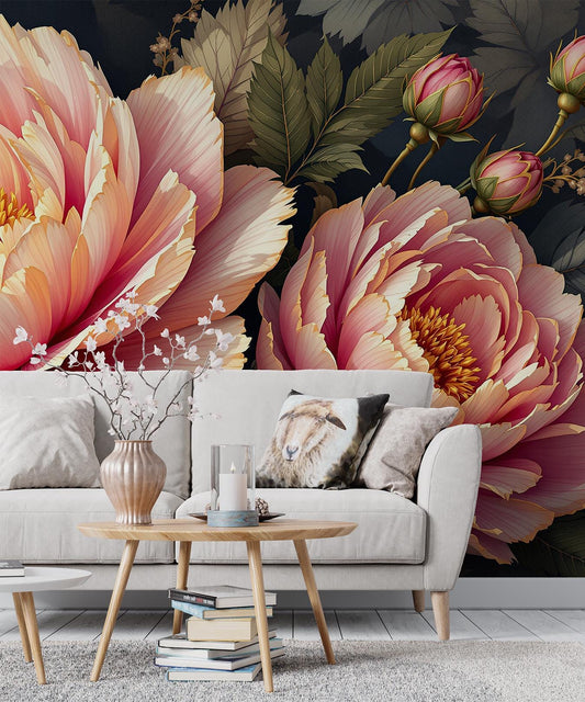 Luxury Peony Floral Dark Floral Wallpaper – peel and stick wallpaper mural, Golden Era Walls