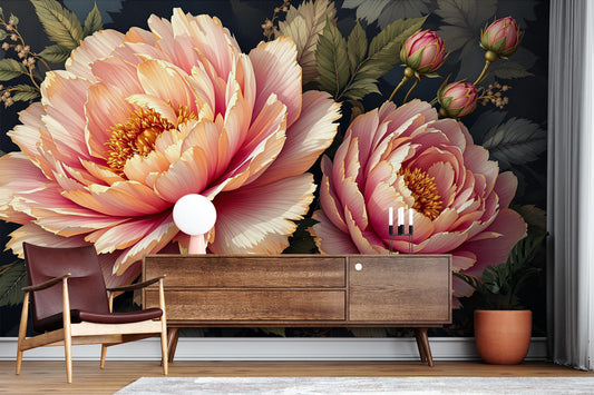 Luxury Peony Floral Dark Floral Wallpaper – detail view, Golden Era Walls