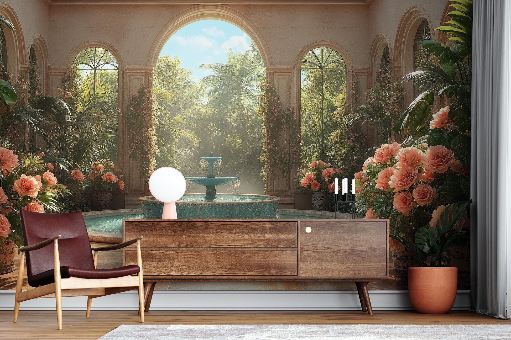 Mediterranean Garden Elegant Courtyard Floral Wallpaper – room setting, Golden Era Walls