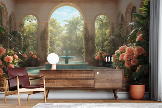 Mediterranean Garden Elegant Courtyard Floral Wallpaper – room setting, Golden Era Walls