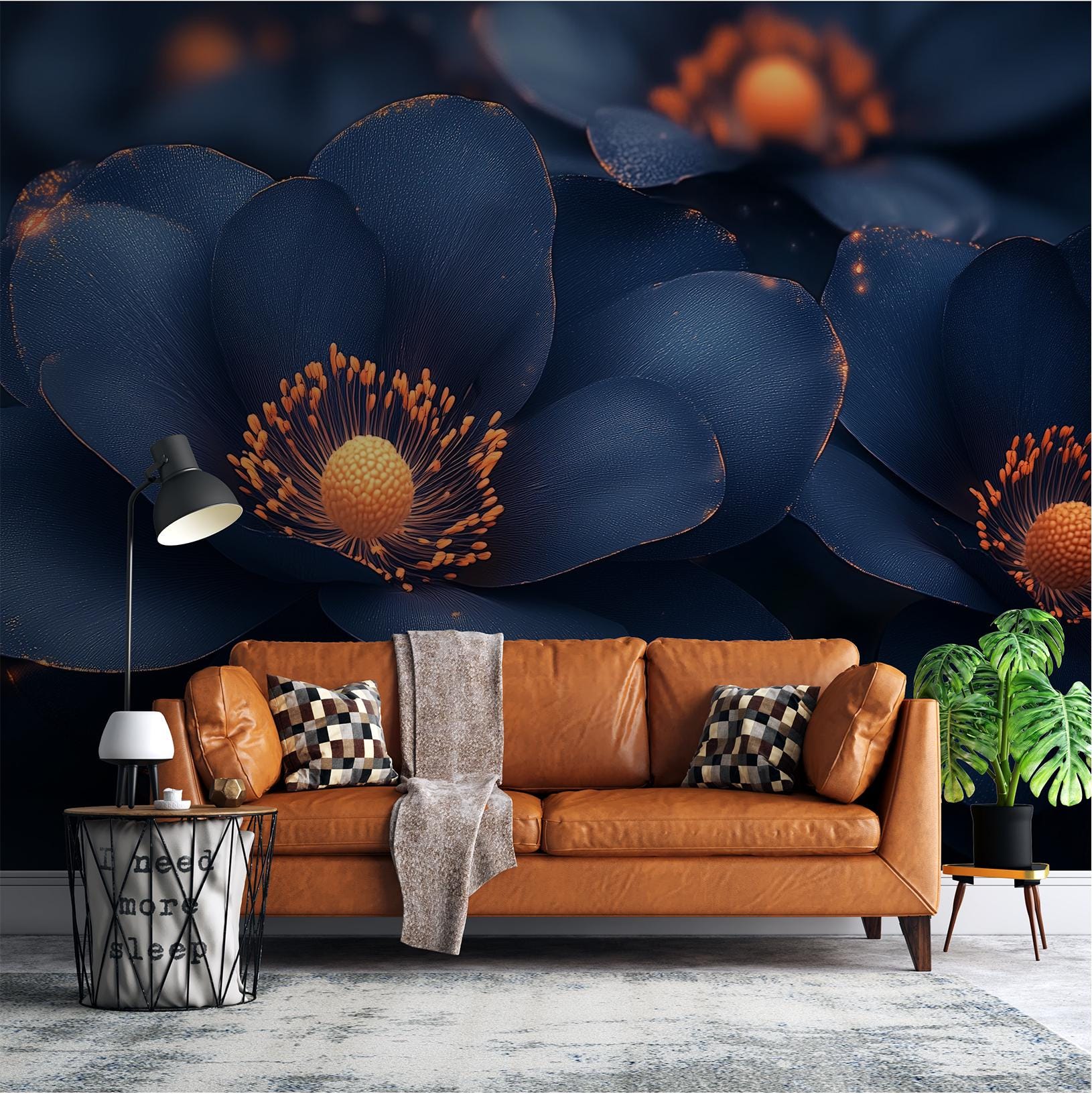 Midnight Blue Floral Moody Floral Wallpaper – peel and stick wallpaper mural, Golden Era Walls