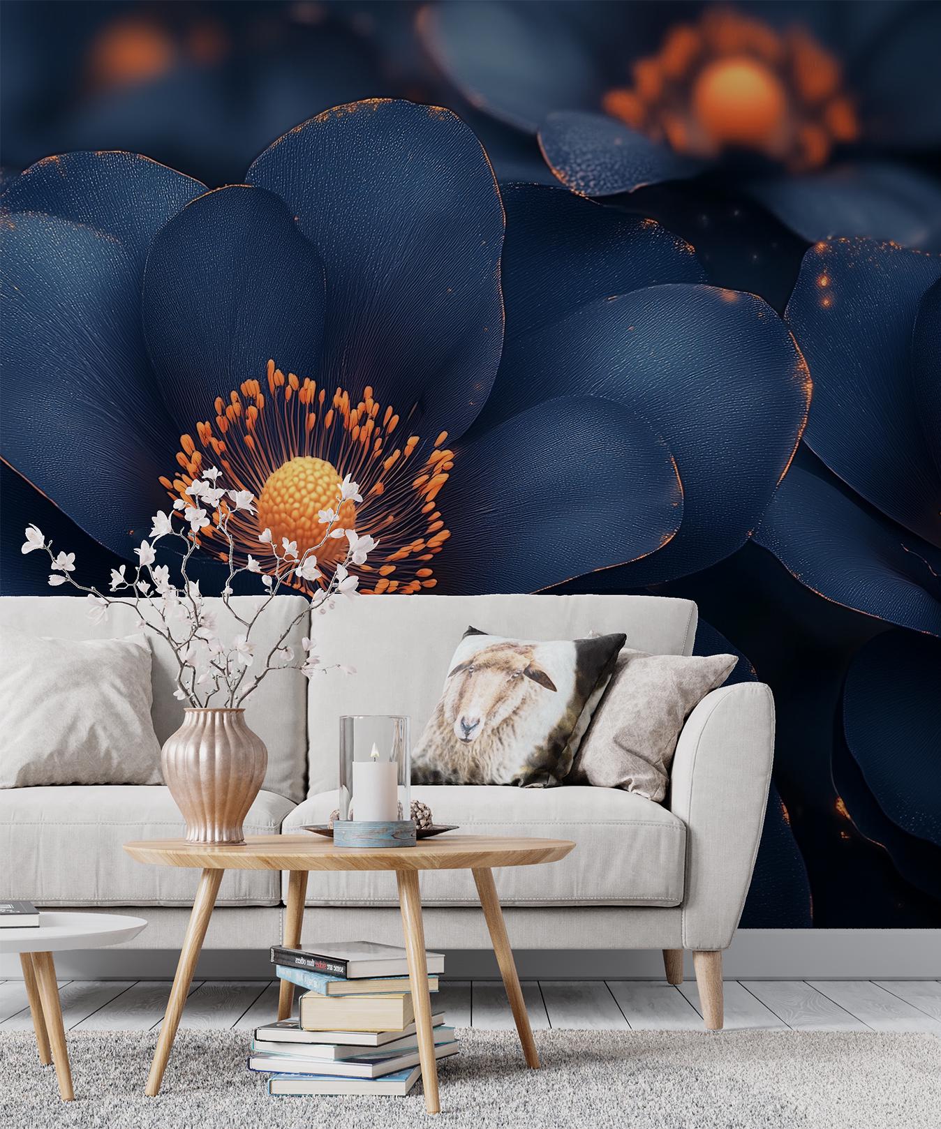 Midnight Blue Floral Moody Floral Wallpaper – detail view, Golden Era Walls