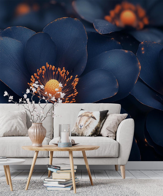 Midnight Blue Floral Moody Floral Wallpaper – detail view, Golden Era Walls