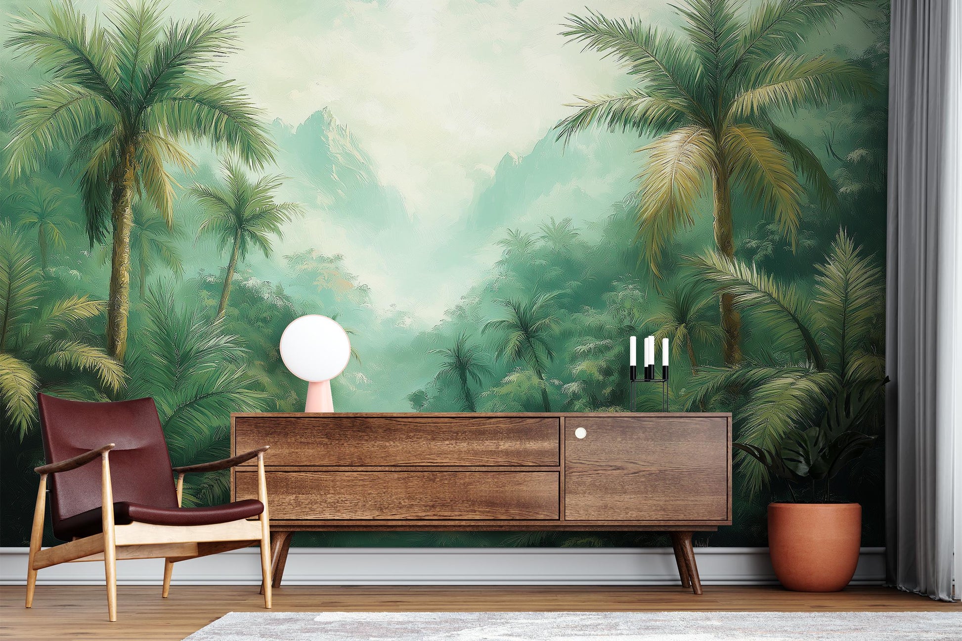 Misty Forest Autumn Woodland Coastal Wallpaper – lifestyle view, Golden Era Walls