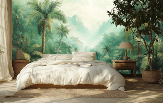 Misty Forest Autumn Woodland Coastal Wallpaper – room setting, Golden Era Walls