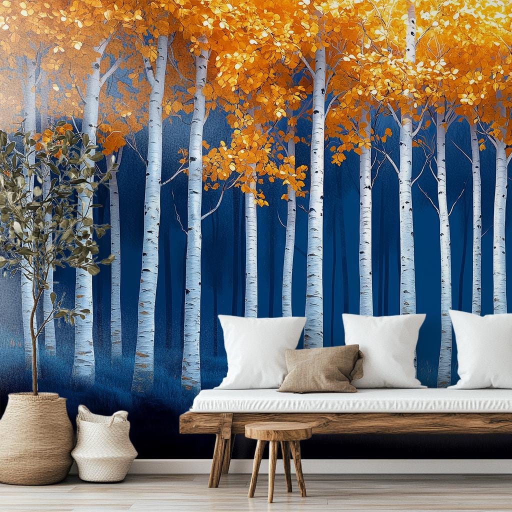 Birch Tree Autumn Orange Coastal Wallpaper – detail view, Golden Era Walls