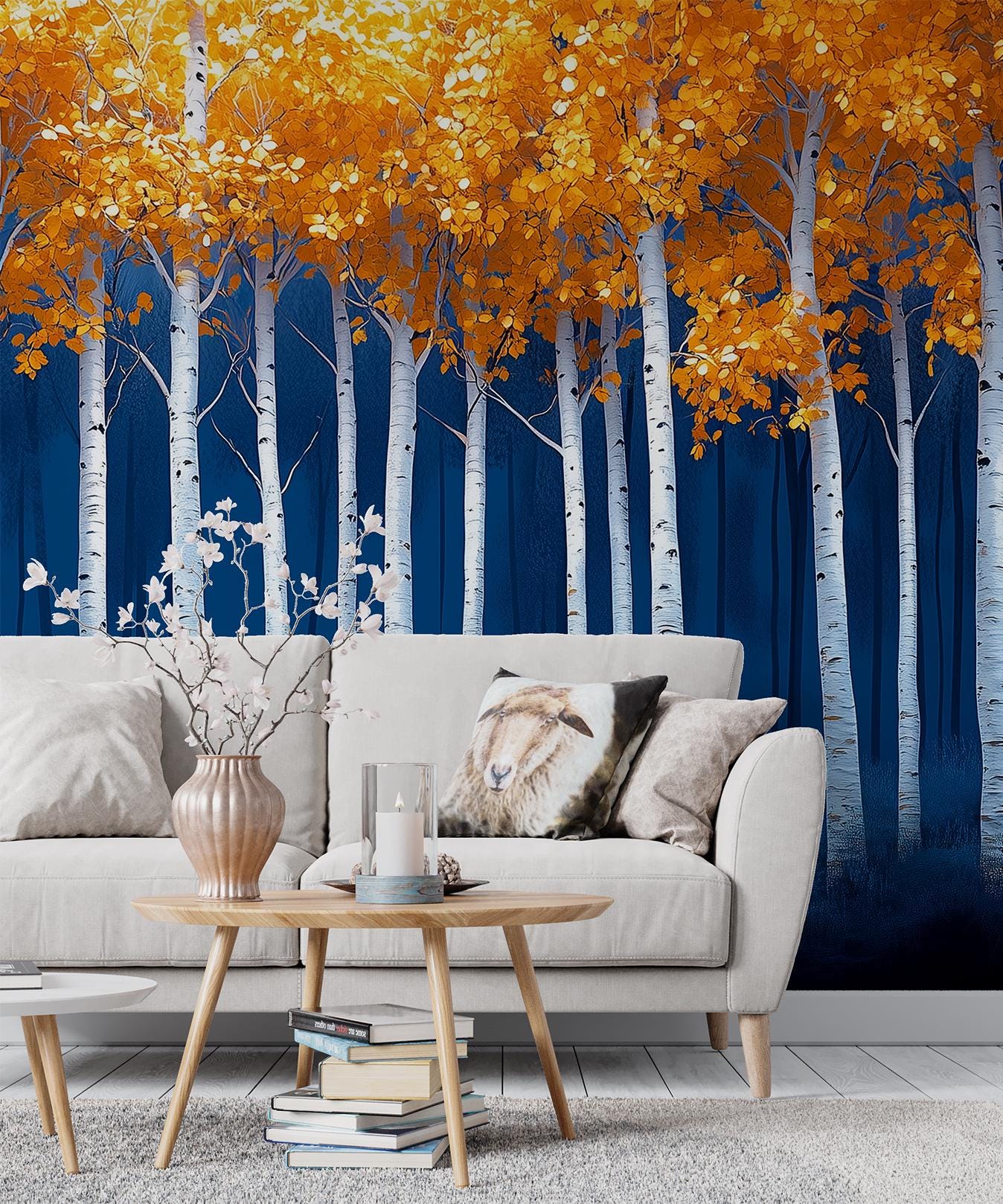 Birch Tree Autumn Orange Coastal Wallpaper – lifestyle view, Golden Era Walls