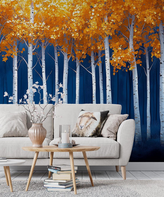 Birch Tree Autumn Orange Coastal Wallpaper – lifestyle view, Golden Era Walls
