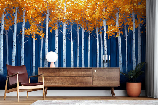 Birch Tree Autumn Orange Coastal Wallpaper – room setting, Golden Era Walls