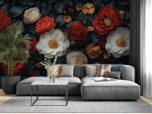 Red Rose Floral Dark Floral Wallpaper – detail view, Golden Era Walls