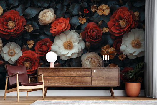 Red Rose Floral Dark Floral Wallpaper – room setting, Golden Era Walls