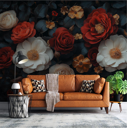 Red Rose Floral Dark Floral Wallpaper – lifestyle view, Golden Era Walls
