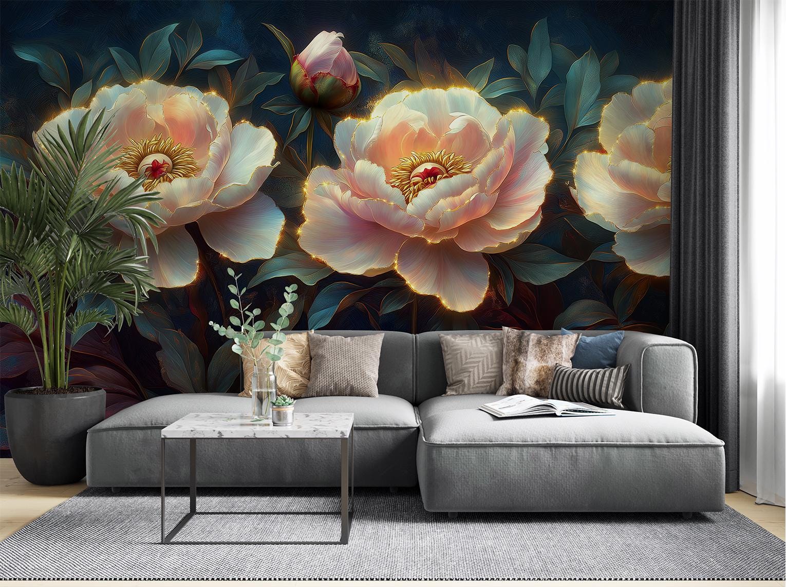 Peony Flower Elegant Botanical Floral Wallpaper – room setting, Golden Era Walls