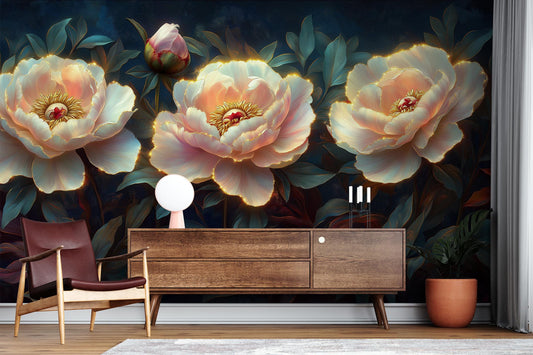Peony Flower Elegant Botanical Floral Wallpaper – lifestyle view, Golden Era Walls