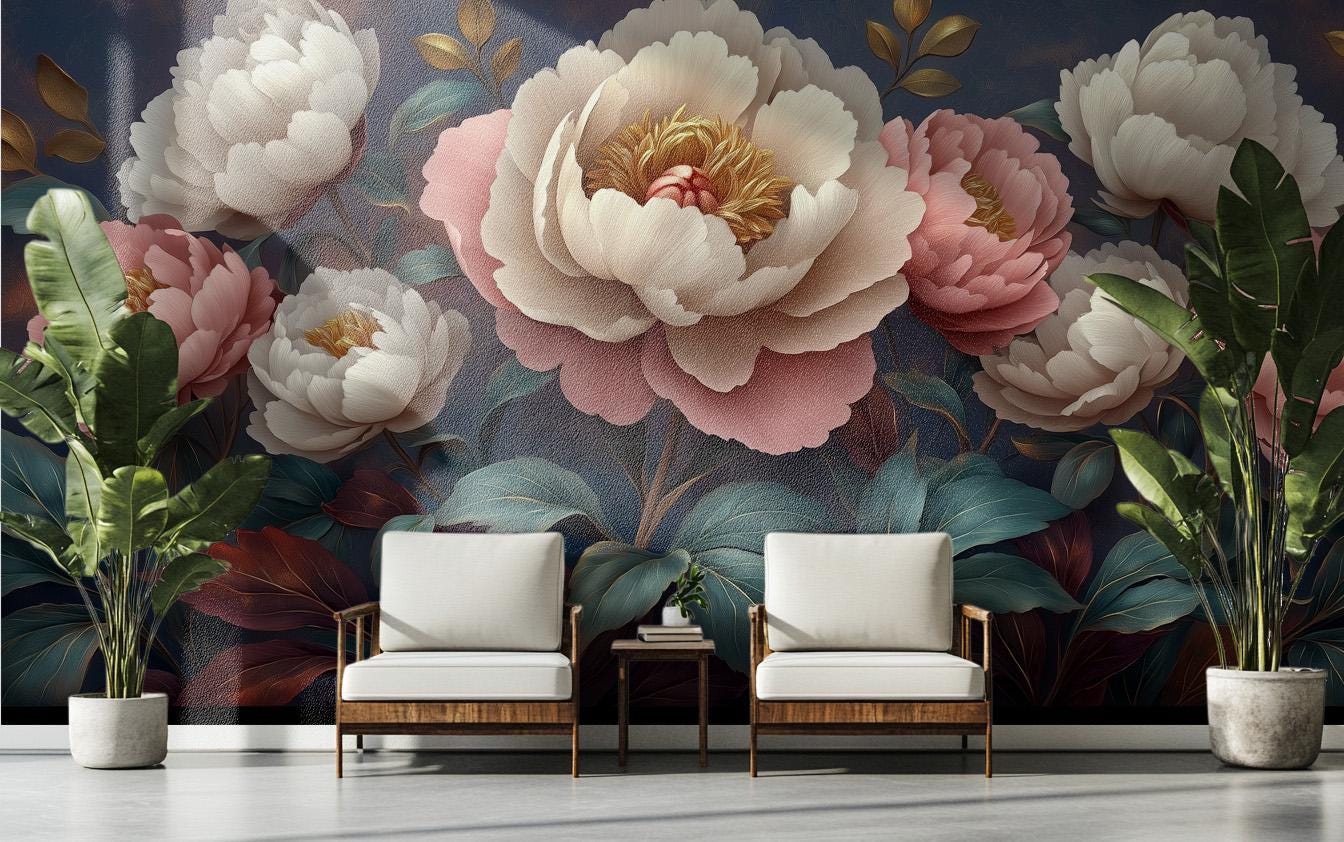 Peony Flower Romantic Vintage Floral Wallpaper – lifestyle view, Golden Era Walls