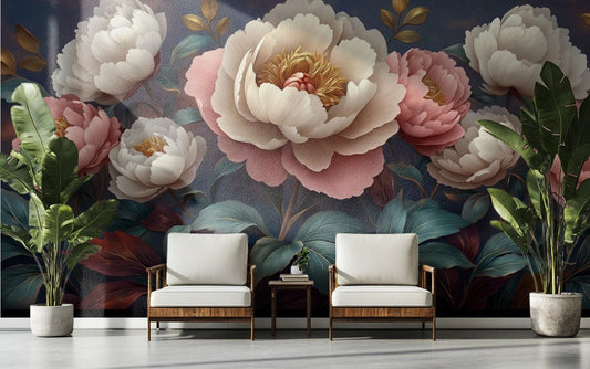 Peony Flower Romantic Vintage Floral Wallpaper – lifestyle view, Golden Era Walls