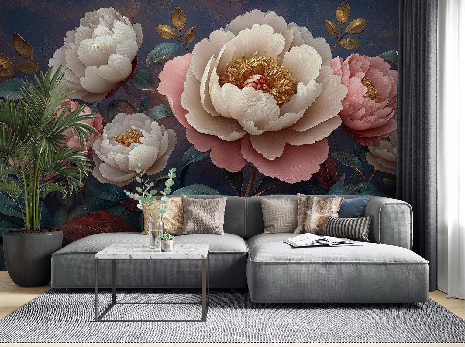 Peony Flower Romantic Vintage Floral Wallpaper – room setting, Golden Era Walls