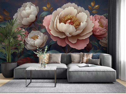 Peony Flower Romantic Vintage Floral Wallpaper – room setting, Golden Era Walls