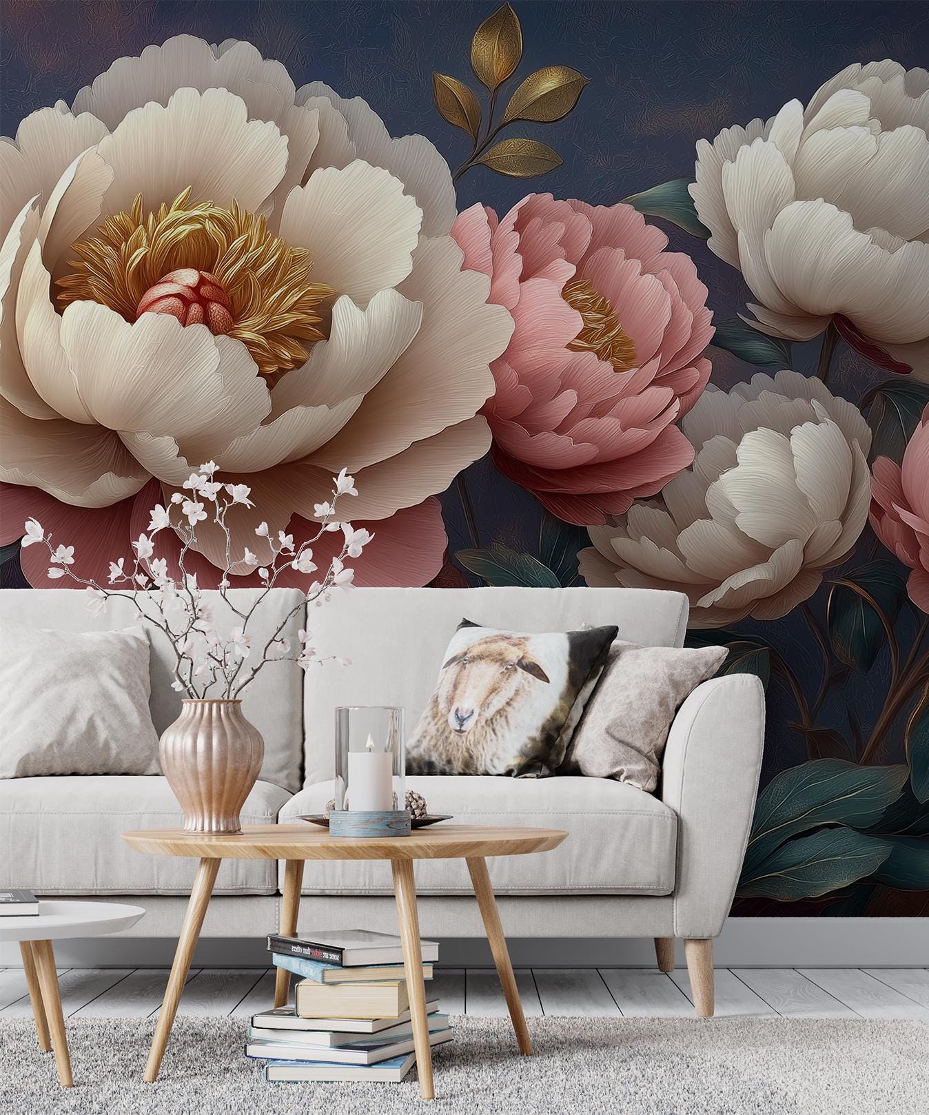 Peony Flower Romantic Vintage Floral Wallpaper – scale reference, Golden Era Walls