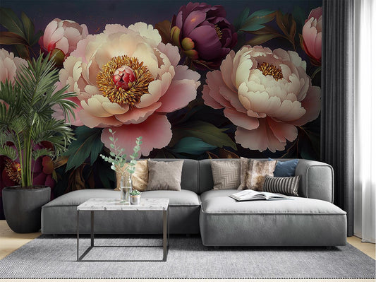 Romantic Peony Floral Vintage Floral Wallpaper – detail view, Golden Era Walls