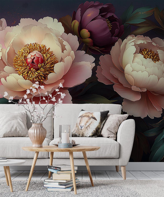 Romantic Peony Floral Vintage Floral Wallpaper – lifestyle view, Golden Era Walls