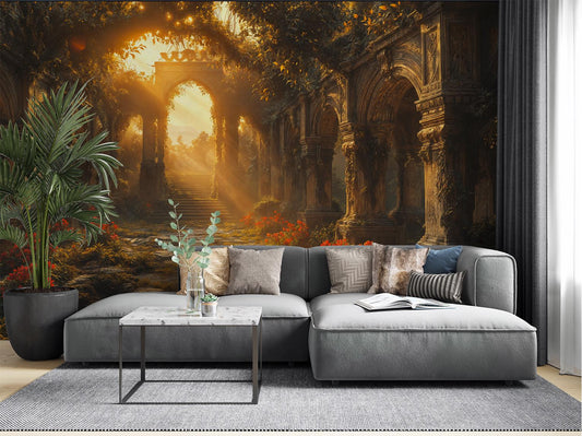 Secret Garden Archway Vintage Floral Wallpaper – detail view, Golden Era Walls