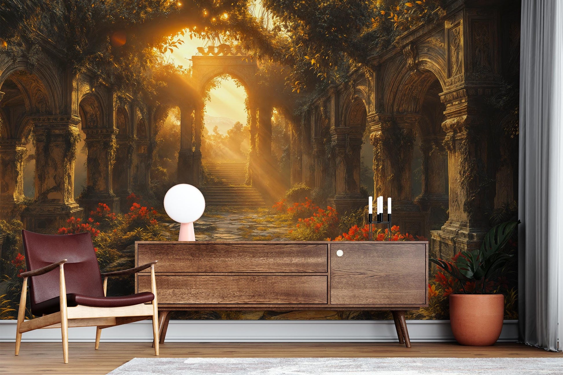 Secret Garden Archway Vintage Floral Wallpaper – room setting, Golden Era Walls