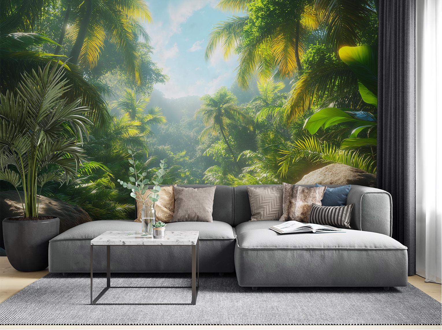 Sunlit Jungle Tropical Palm Floral Wallpaper – detail view, Golden Era Walls