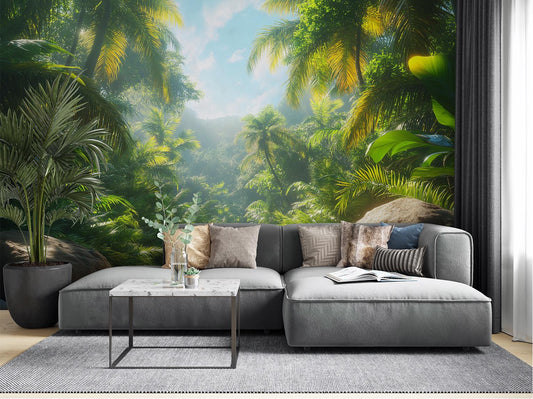 Sunlit Jungle Tropical Palm Floral Wallpaper – detail view, Golden Era Walls