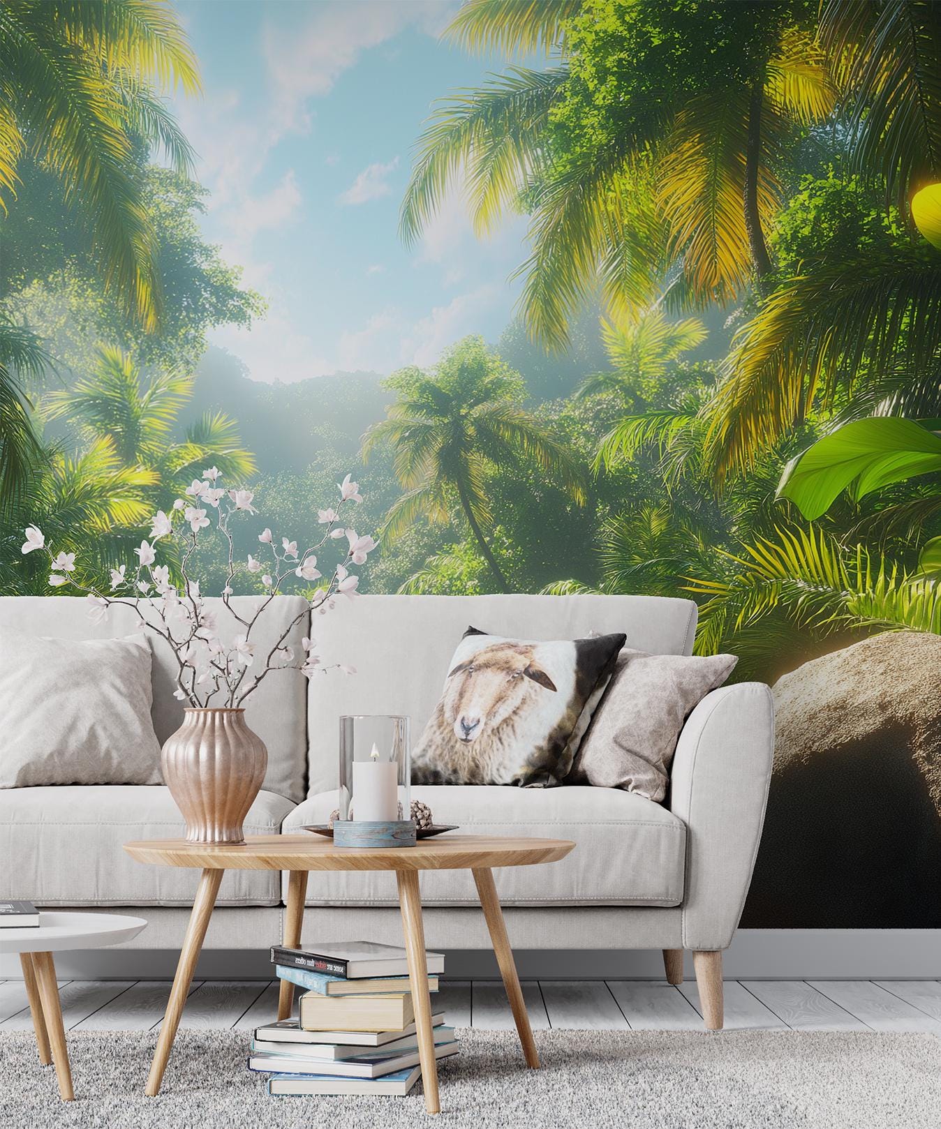 Sunlit Jungle Tropical Palm Floral Wallpaper – room setting, Golden Era Walls