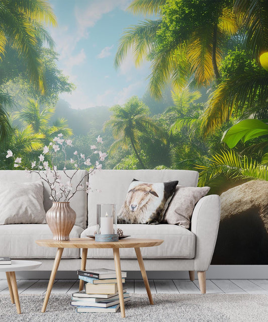 Sunlit Jungle Tropical Palm Floral Wallpaper – room setting, Golden Era Walls
