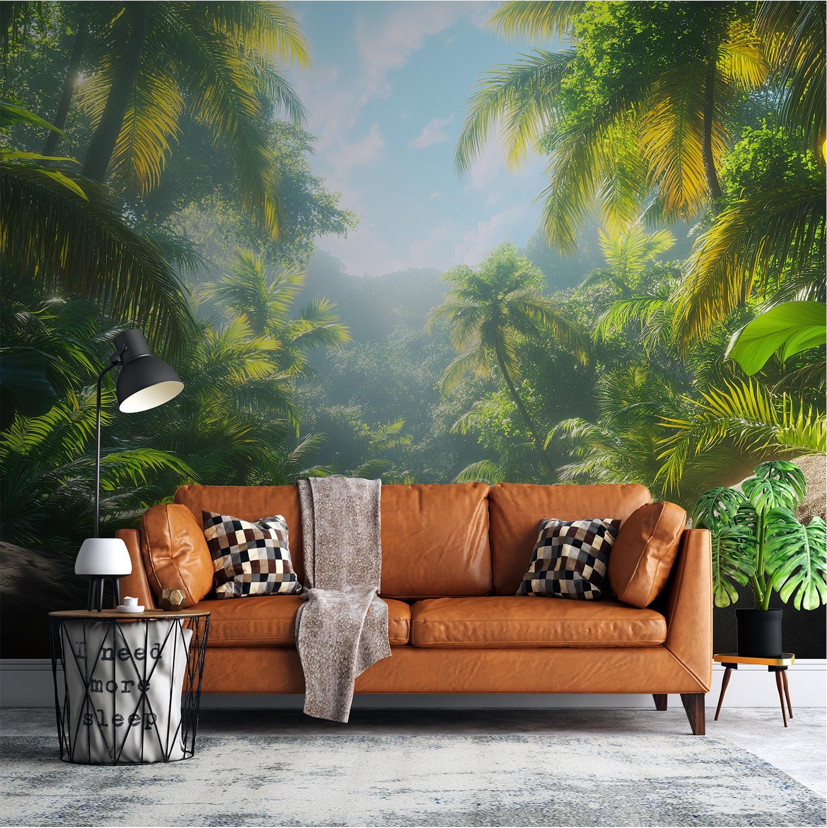 Sunlit Jungle Tropical Palm Floral Wallpaper – scale reference, Golden Era Walls