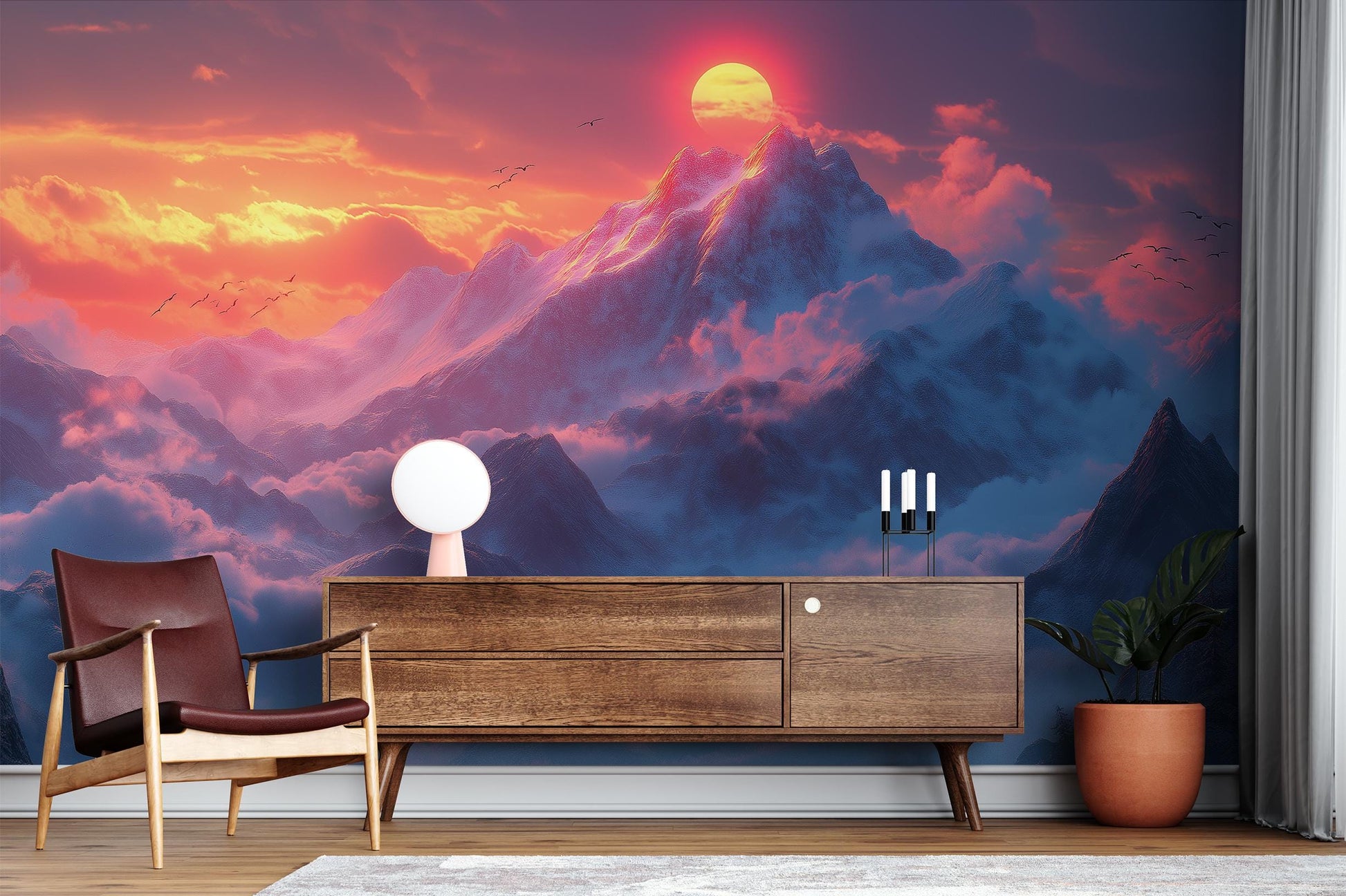 Sunset Mountain Dreamy Nature Wallpaper – lifestyle view, Golden Era Walls