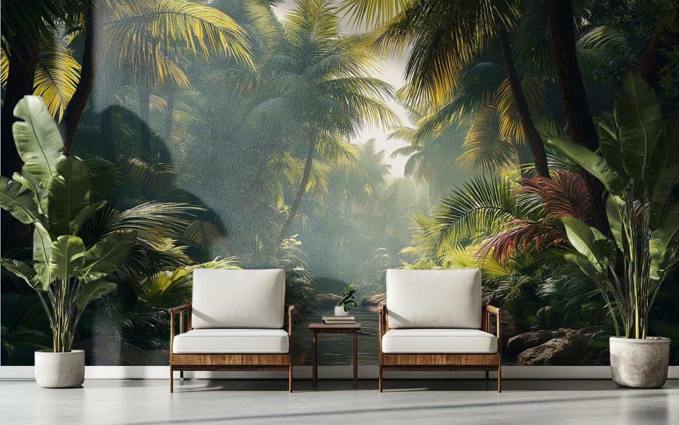 Tropical Forest Lush Jungle Tropical Wallpaper – lifestyle view, Golden Era Walls