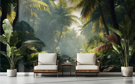 Tropical Forest Lush Jungle Tropical Wallpaper – lifestyle view, Golden Era Walls