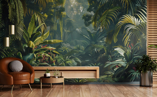Tropical Rainforest Lush Green Floral Wallpaper – room setting, Golden Era Walls