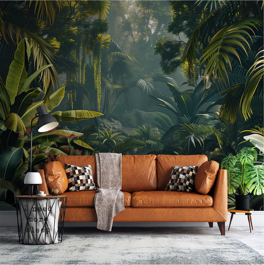 Tropical Rainforest Lush Green Floral Wallpaper – peel and stick wallpaper mural, Golden Era Walls