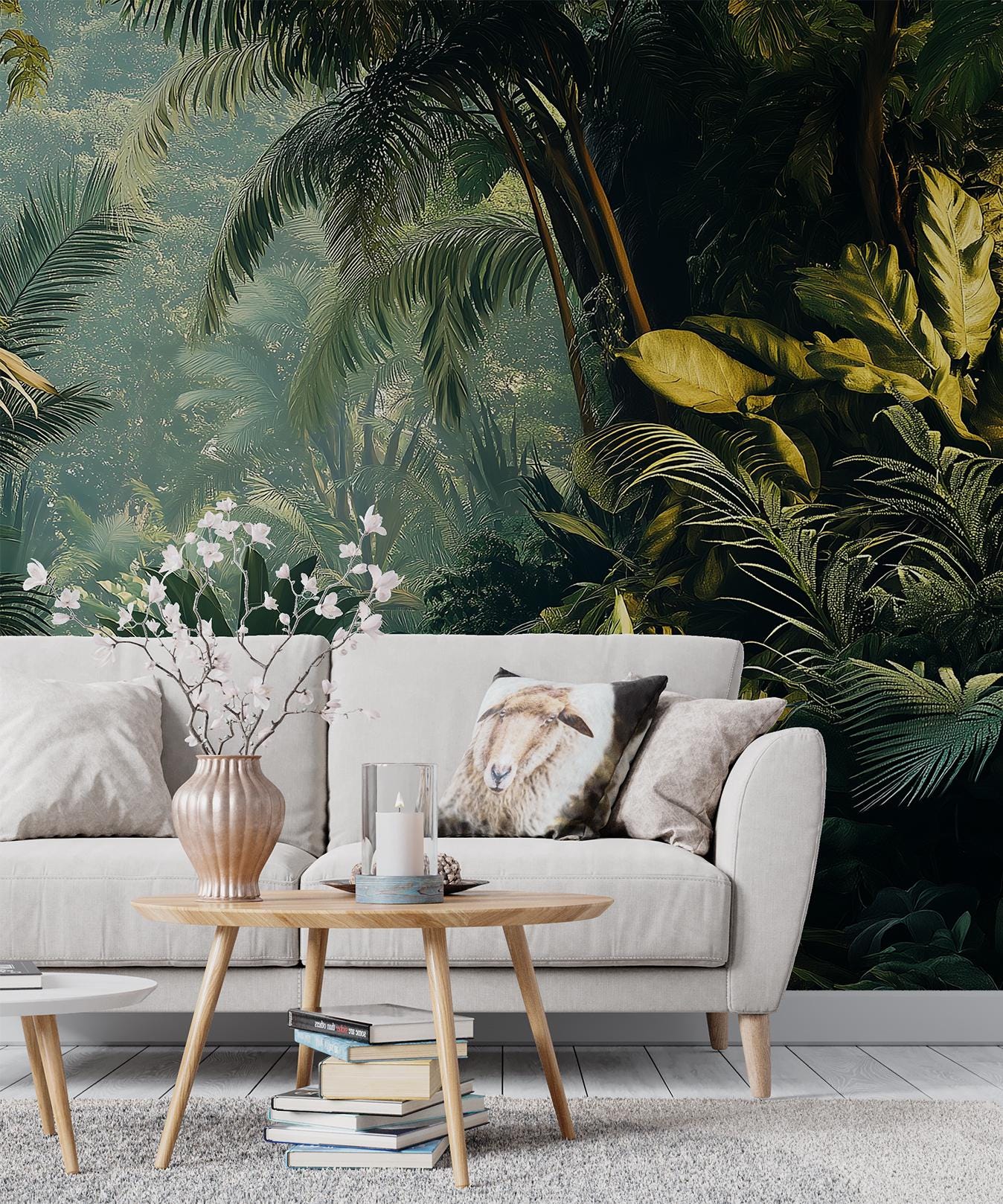 Tropical Jungle Dense Green Floral Wallpaper – scale reference, Golden Era Walls