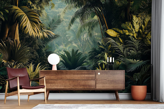 Tropical Jungle Dense Green Floral Wallpaper – detail view, Golden Era Walls