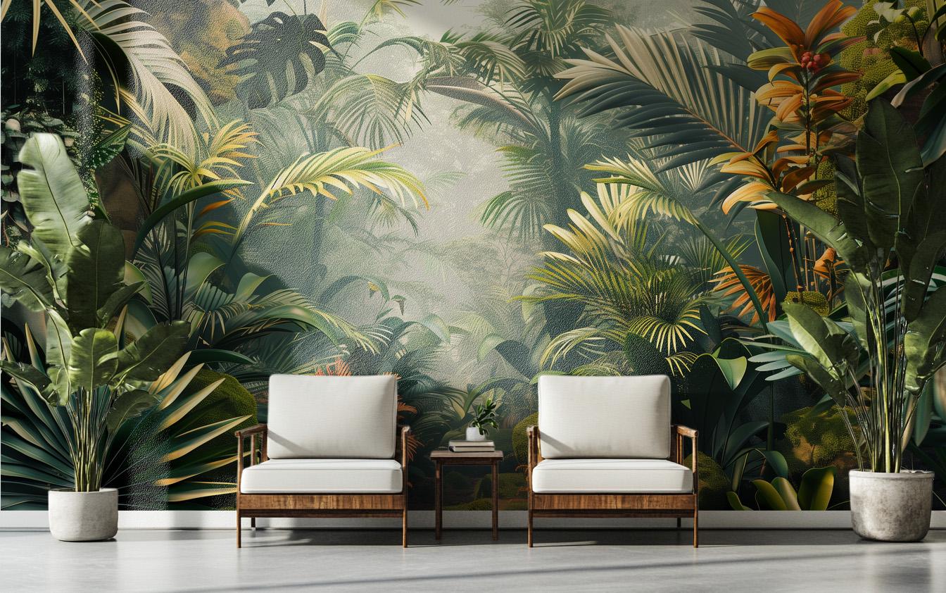Tropical Jungle Green Leaf Floral Wallpaper – lifestyle view, Golden Era Walls