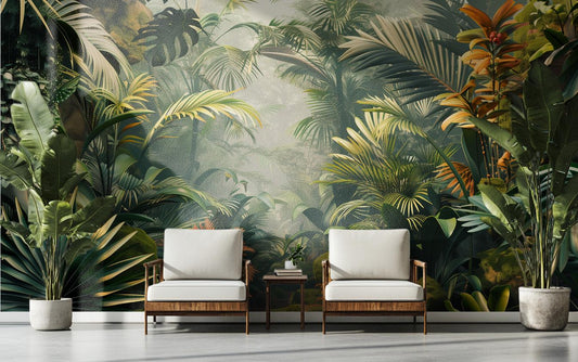 Tropical Jungle Green Leaf Floral Wallpaper – lifestyle view, Golden Era Walls
