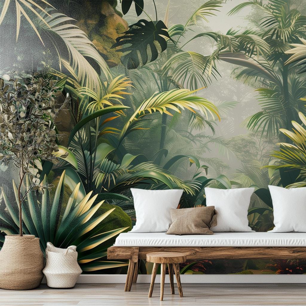 Tropical Jungle Green Leaf Floral Wallpaper – scale reference, Golden Era Walls