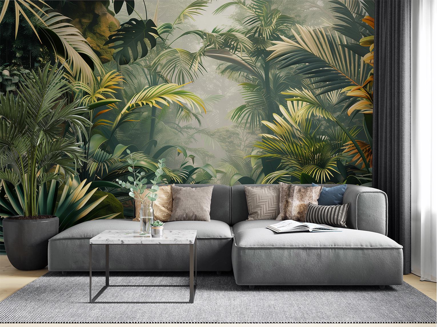 Tropical Jungle Green Leaf Floral Wallpaper – room setting, Golden Era Walls